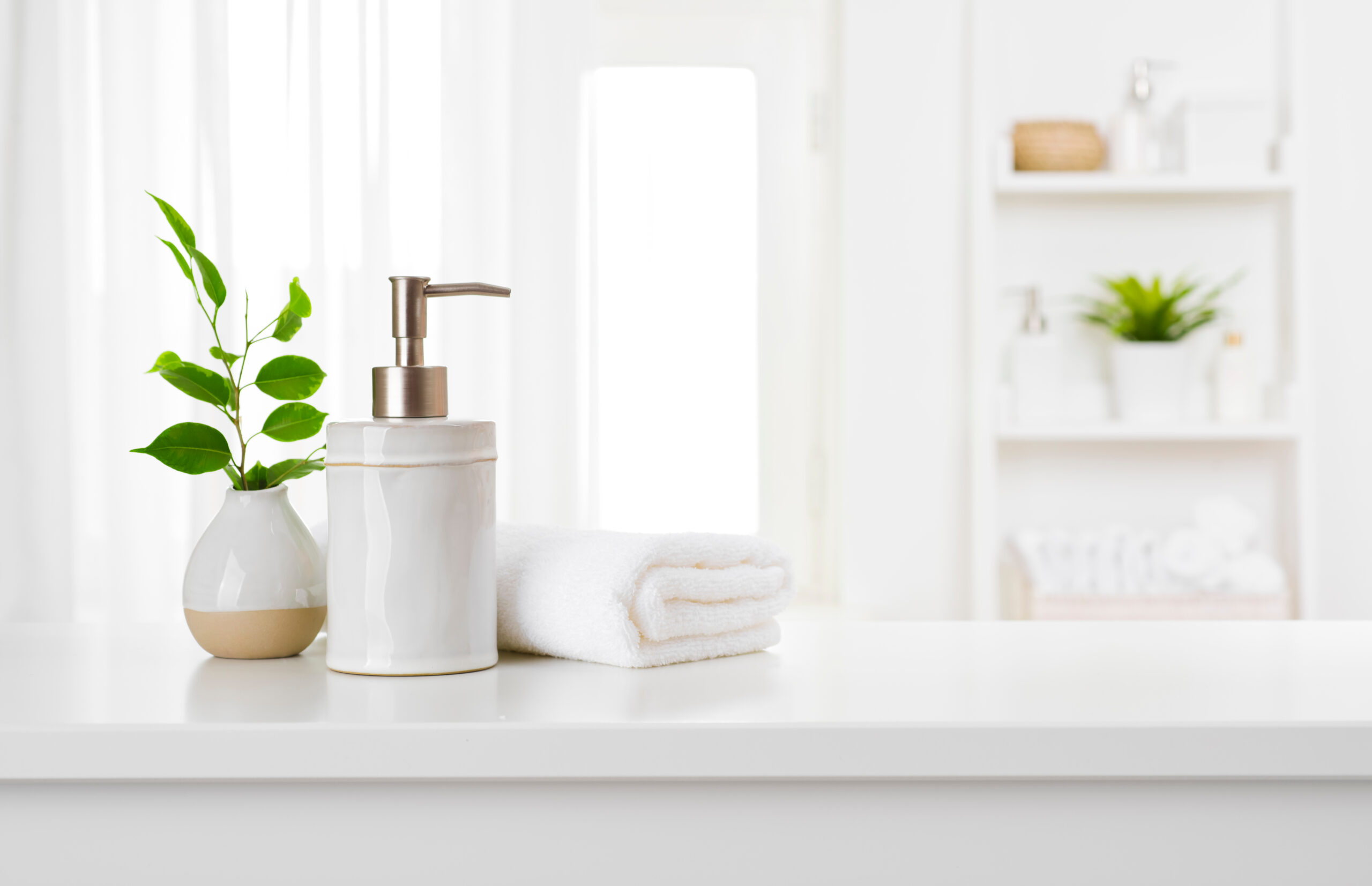 Soap,Dispenser,And,Spa,Towel,On,Pastel,Bathroom,Window,Interior Bathroom picture for Indoor Air Qualtiy article